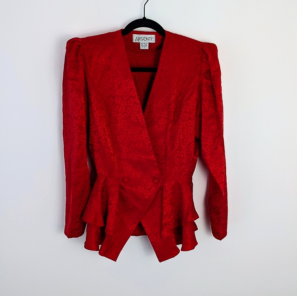 Vintage Argenti 100% Silk Floral Structured Shoulder Peplum Blazer 4 Glamoratti